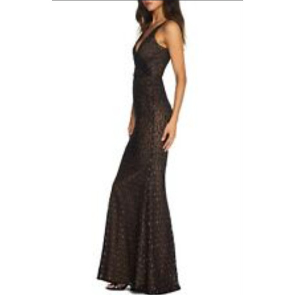 Dress the Population Helen Dress Black Tan Lace Trumpet Gown Maxi Leopard Size L - Picture 15 of 15